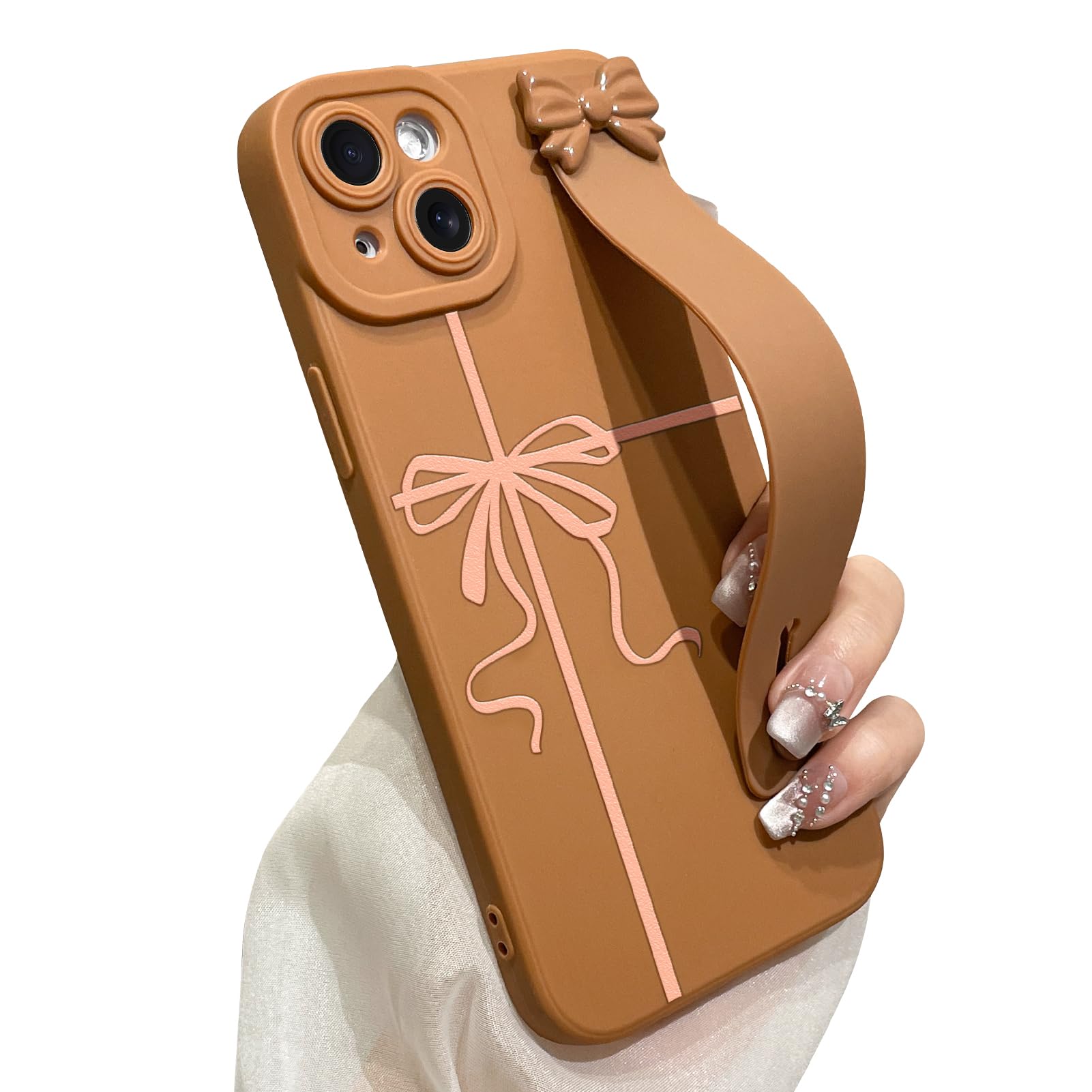 jueaes for iPhone 15 Plus Case with Wrist Strap Elegant Bow Ribbon Design with Adjustable Wristband Kickstand Shockproof Soft TPU Camera Protection