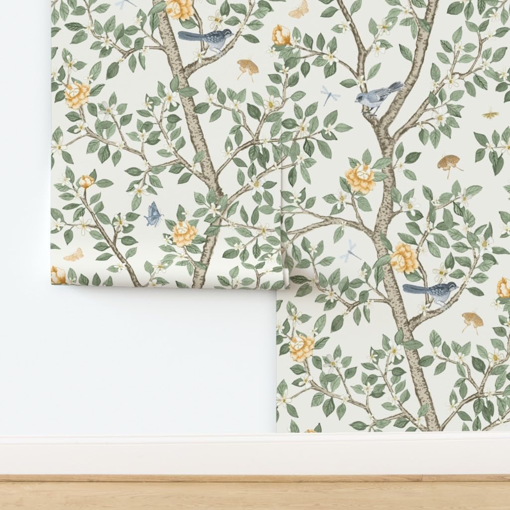 Removable Wallpaper Swatch - Chinoiserie Botanical Romantic Garden Sognbird Vintage Style Regencycore Custom Pre-Pasted Wallpaper by Spoonflower