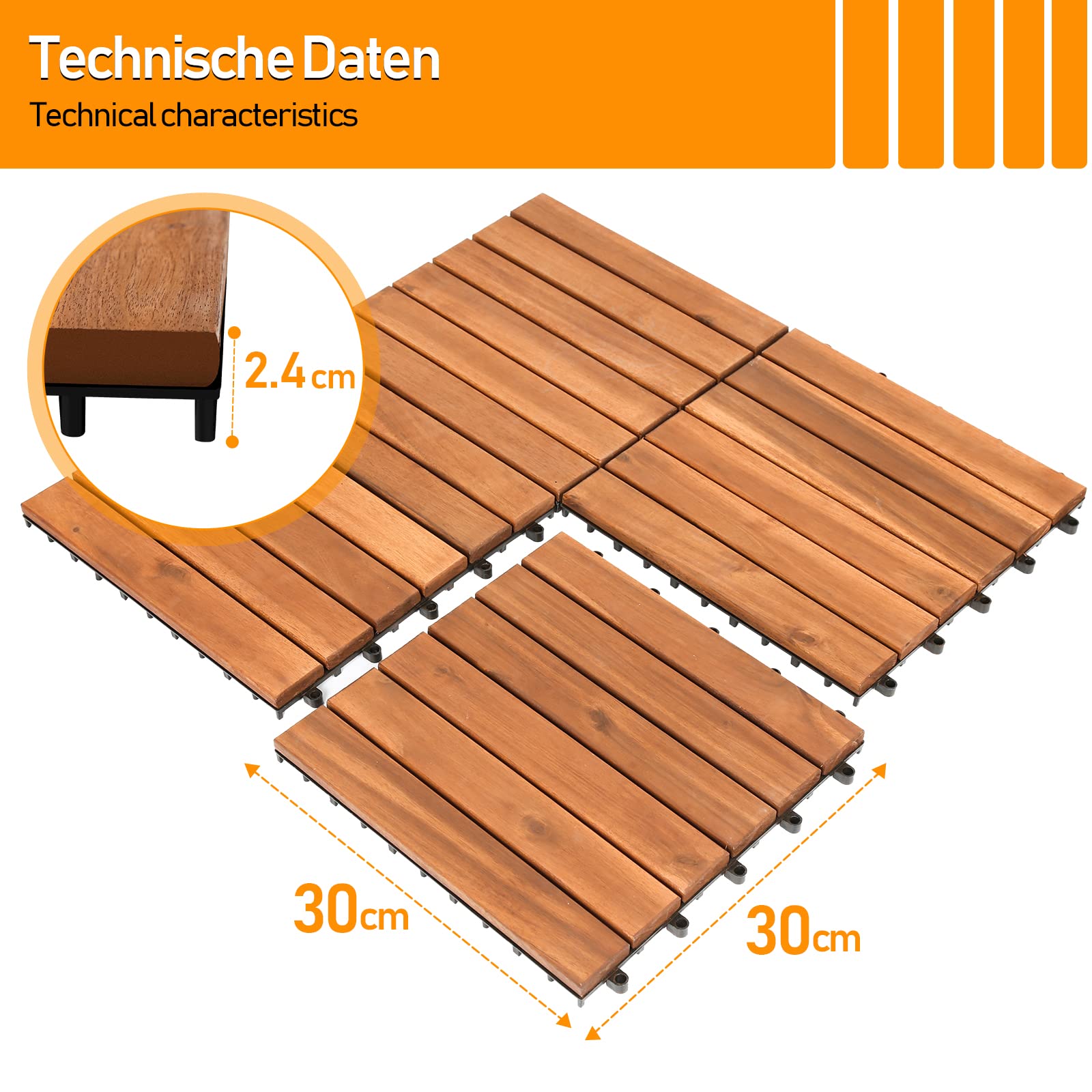 Randaco Piastrelle in legno, per terrazze, in legno di acacia, 30 x 30 cm, set da 55 piastrelle, 5 m², con drenaggio per esterni, giardino, terrazza