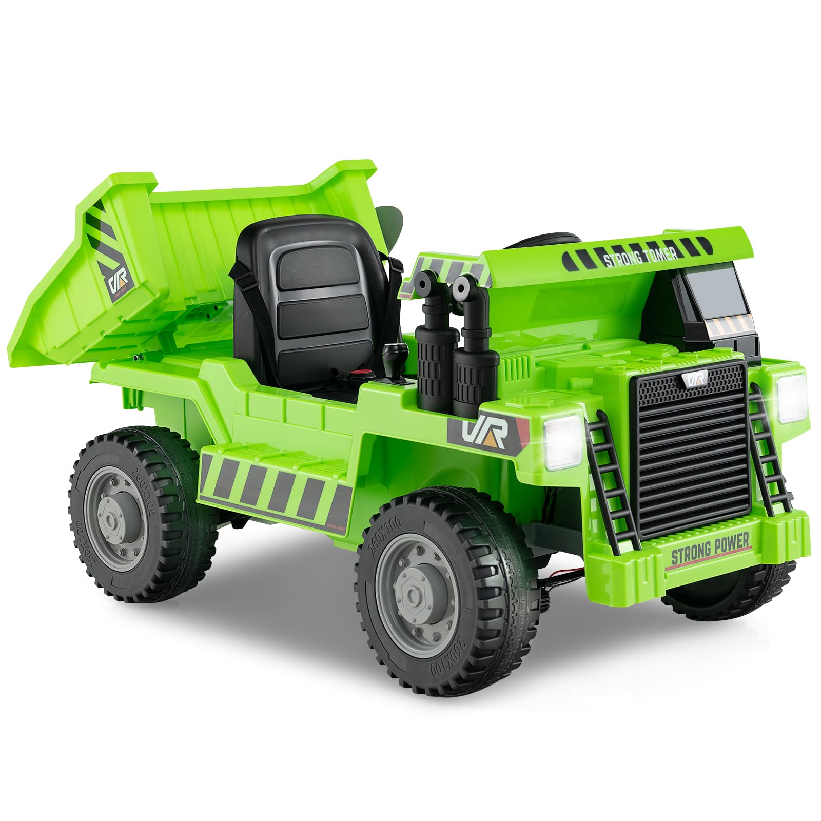 COSTWAY Kids Electric Ride on Car, 12V Ride on Dumper Truck with Remote Control, Adjustable Dump Bed, Toy Shovel, Music, Story, MP3 & USB (Green)
