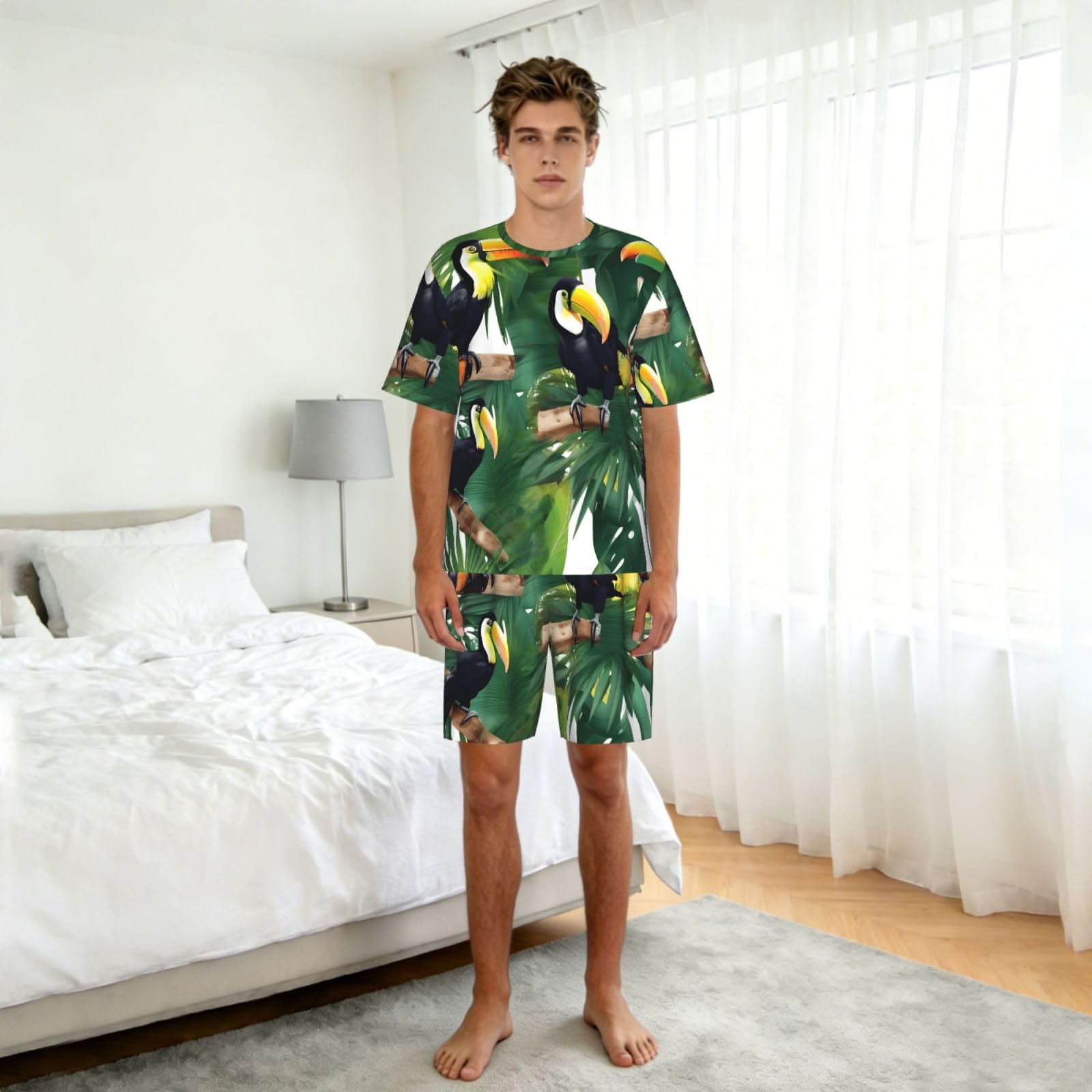 Conjunto de pijama clásico para hombre con estampado de hojas de loro, palmera, tucanes, pantalones cortos de pijama suaves para hombre, perfecto para las noches de verano