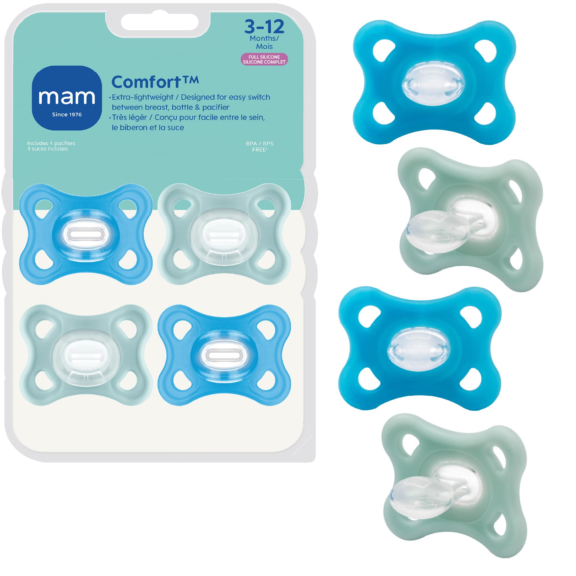 MAM Comfort Baby Pacifiers 3-12 Months Babies, Lightweight One-Piece Full Silicone Binky, BPA-Free Nipple, Easy to Clean Pacifier, Best for Breastfed Babies, 4 Count, Made in Europe