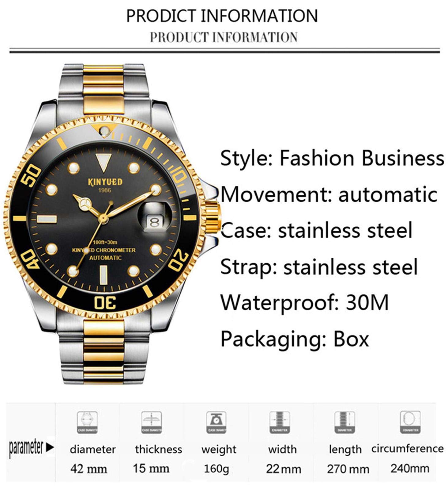Montre Automatique pour Homme, Mécanique 30M Etanche Analogique, Montre De Plongée À Mouvement, Aux Rayures Bracelet Boîtier en Acier Inoxydable,Vert