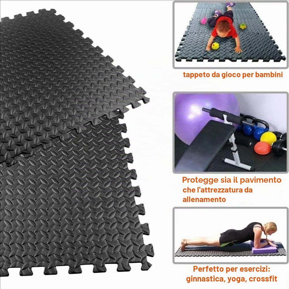 Pavimento Gommato Palestra, Tappeto Puzzle 48 Pezzi 30x30x1cm, Antiscivolo e Resistente, Per Sport, Yoga, Fitness, Protezione Anticaduta, Outdoor, Nero