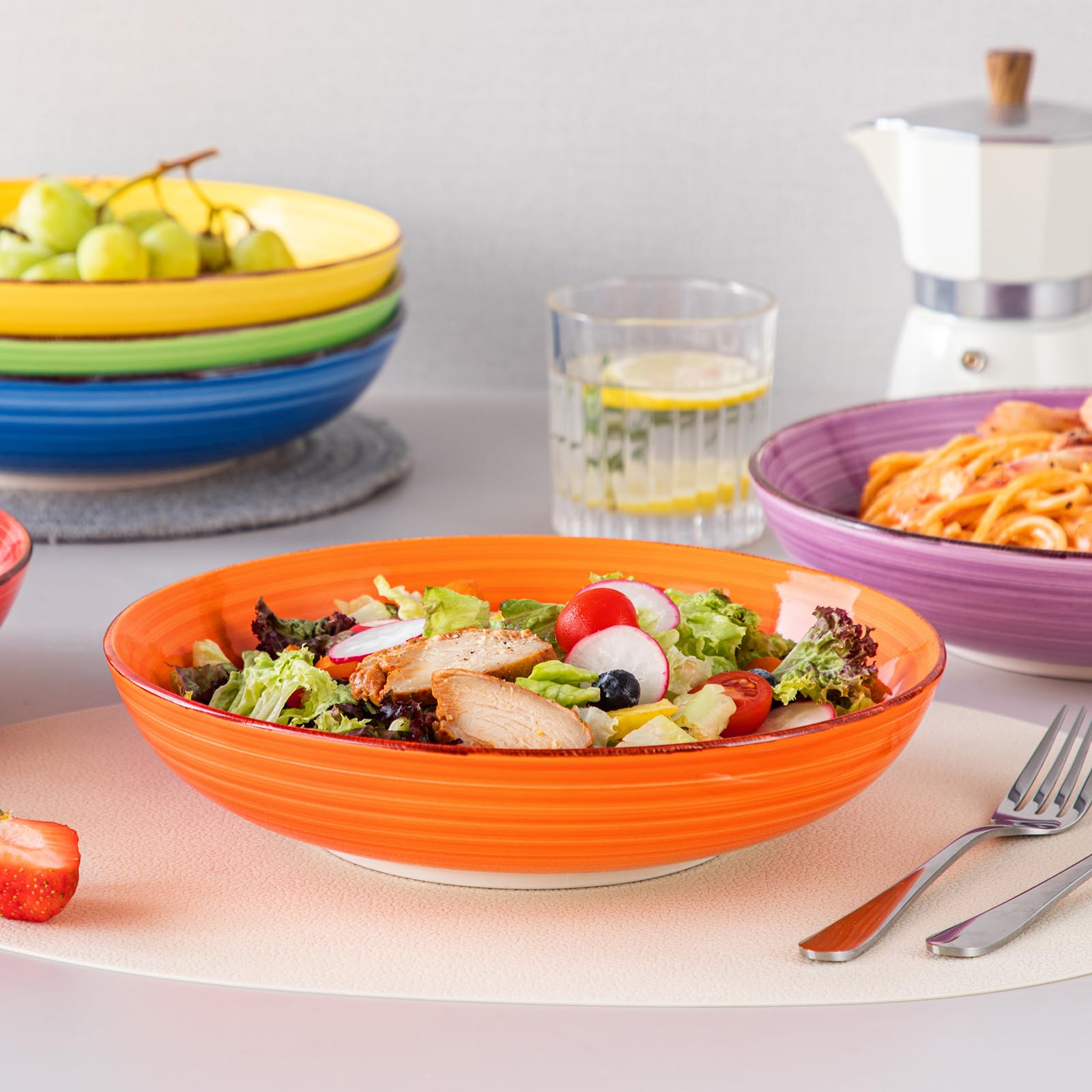 vancasso Série BONITA Lot de 6 Bol à Pâtes en Grès de 50 oz, 24.5cm, Saladier Passent au Micro-ondes et au Four à Soupe pour Cuisine, Multicoloré
