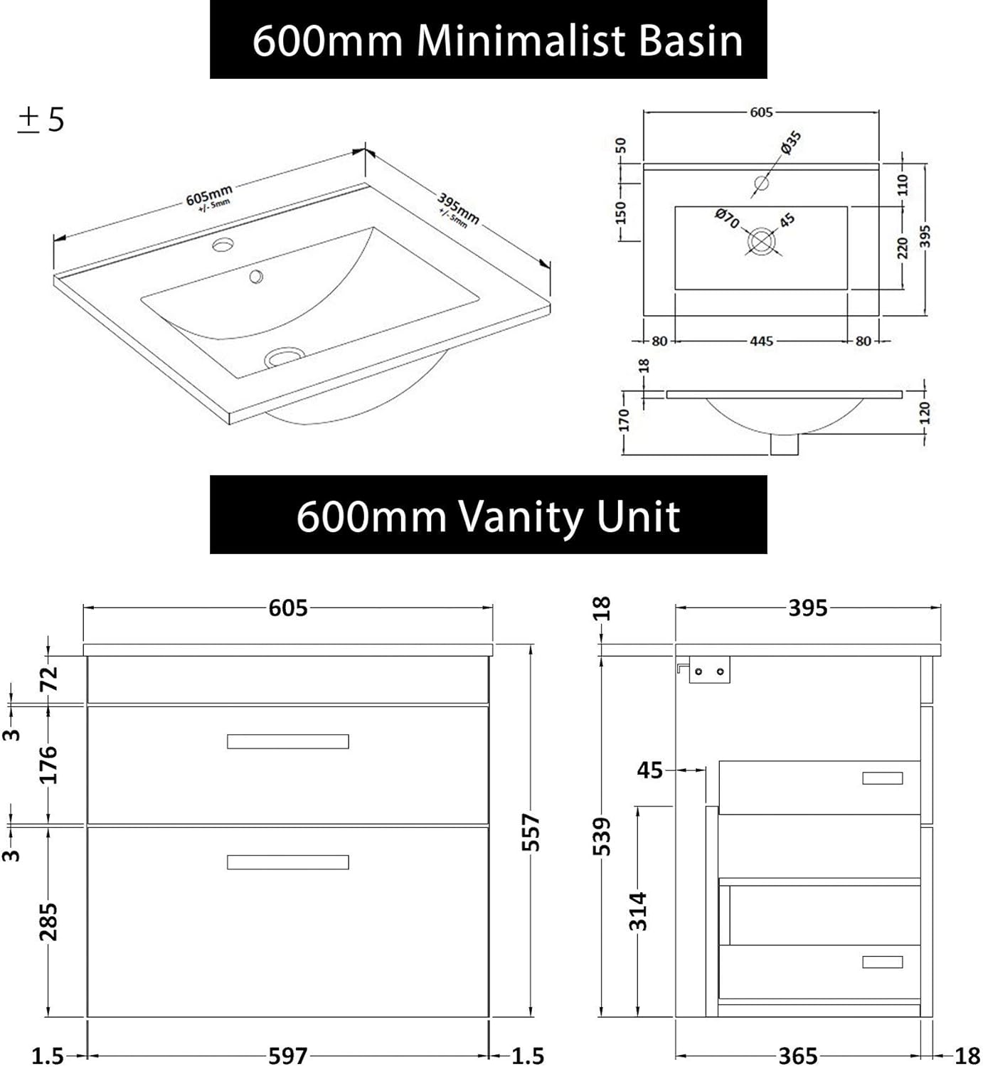 Buy 600mm Wall Hung Bathroom Vanity Unit Minimalist Basin 2 Drawers