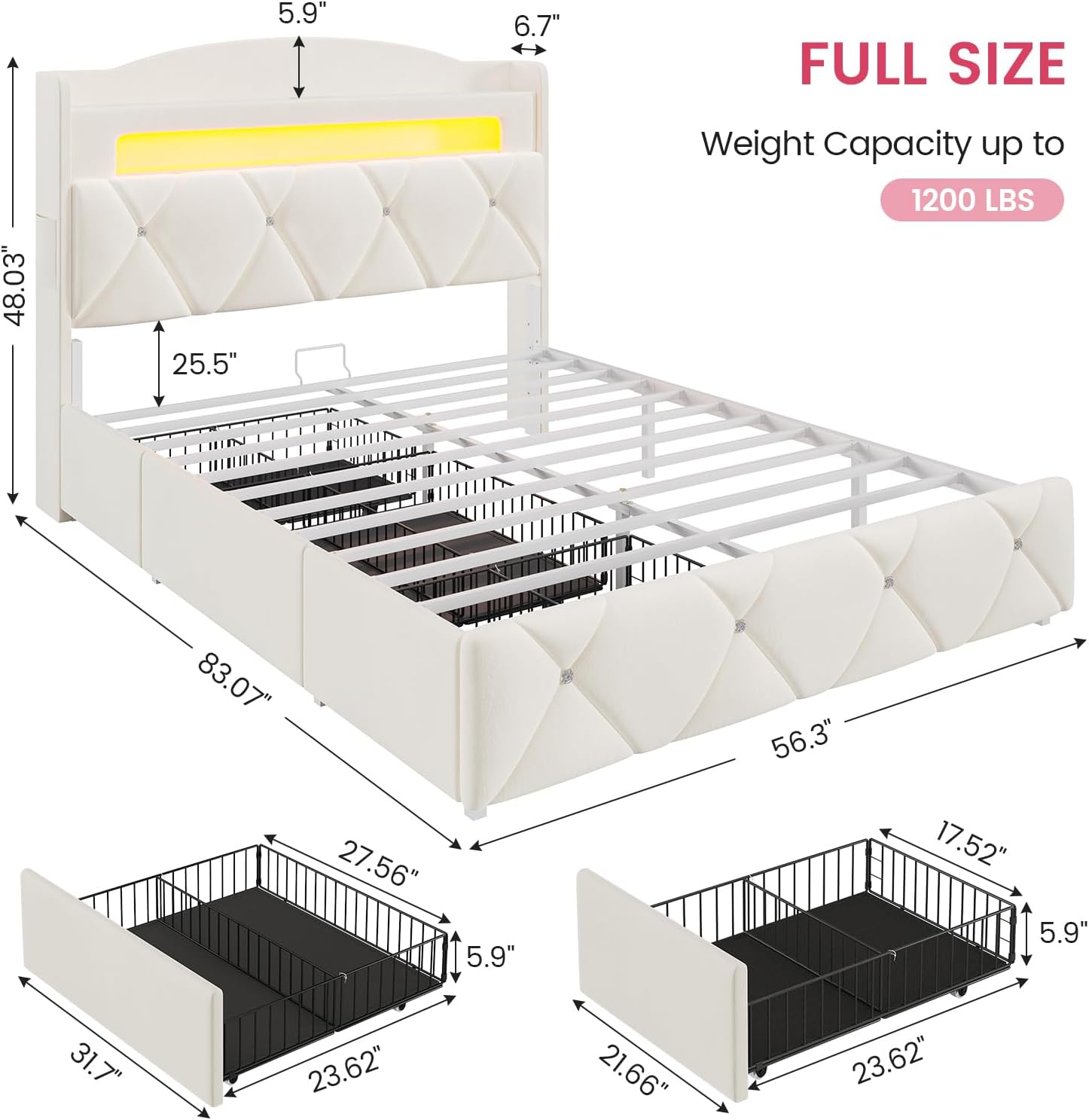 DICTAC Full Size Bed Frame with 3 Large Storage Drawers, Storage Headboard with LED Lights & Power Outlets, Tufted Velvet Upholstered Princess Platform Bed for Kids, Heavy-Duty Metal Support, Beige