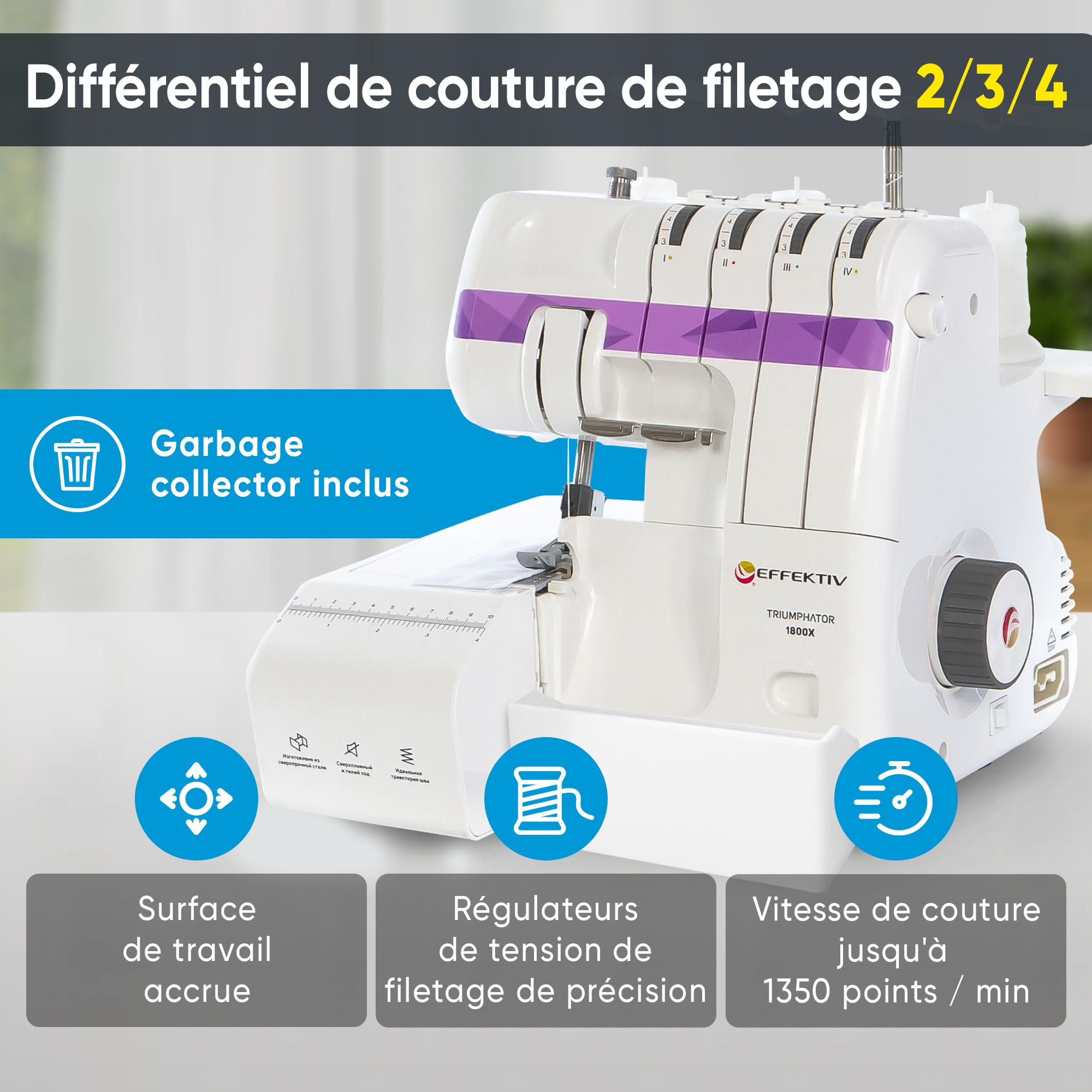 EFFEKTIV Surjeteuse Triumphator 1800X, Machine à Coudre Overlock, Filetage 2/3/4 Avec Différentiel, Cadre Entièrement en Métal, 20 points, Automatique, Puissant 120W-1350 points/min, Pédale (Violette)