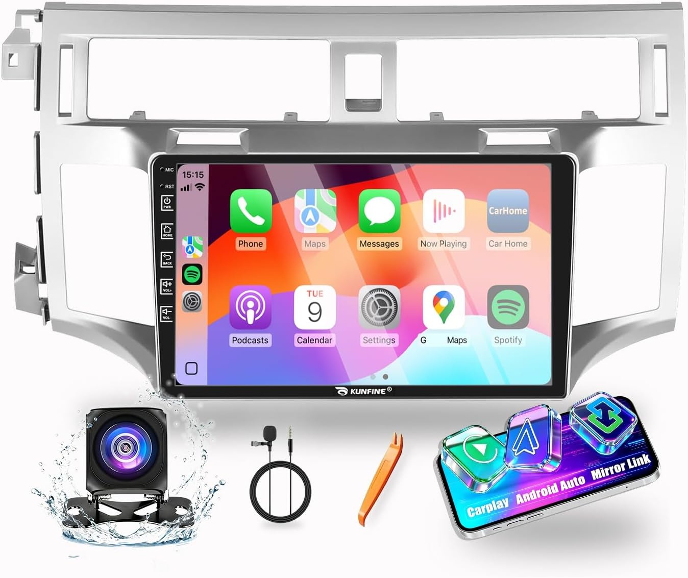 Kunfine Car CarPlay Android Auto Navigation Stereo GPS Radio Reverse Camera Display 9" IPS Touchscreen Headunit Tablet Pad Media Player for Toyota Avalon 2005-2010, if Applicable Quad Core 2G+32G