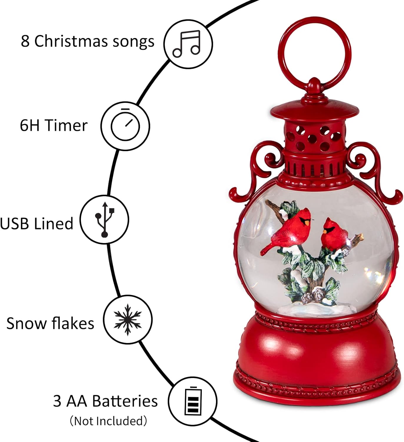 Christmas Snow Globes, Cardinal Christmas Water Globes with 8 Songs, 6H Timer Battery & USB Powered Glitter Snow Globe Music Box Suitable for Christmas Home Decorations Holiday Party Gifts - Image 6