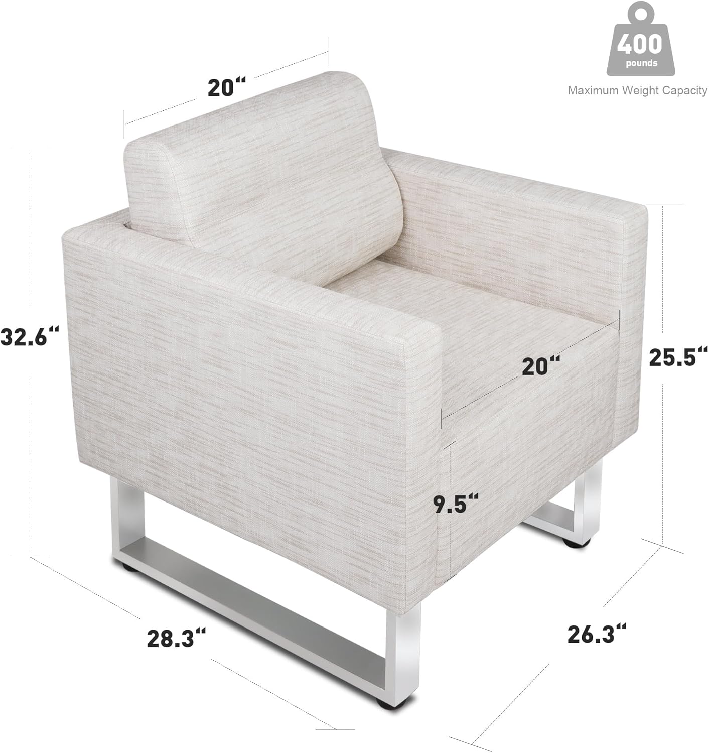 Modern Leather Accent Chair Set of 2 for Living Room, Oversized Single Sofa Chair with Stainless Steel Frame, Comfy Side chair with Wide Backrest and Armrests for bedroom, Office Waiting Room, White