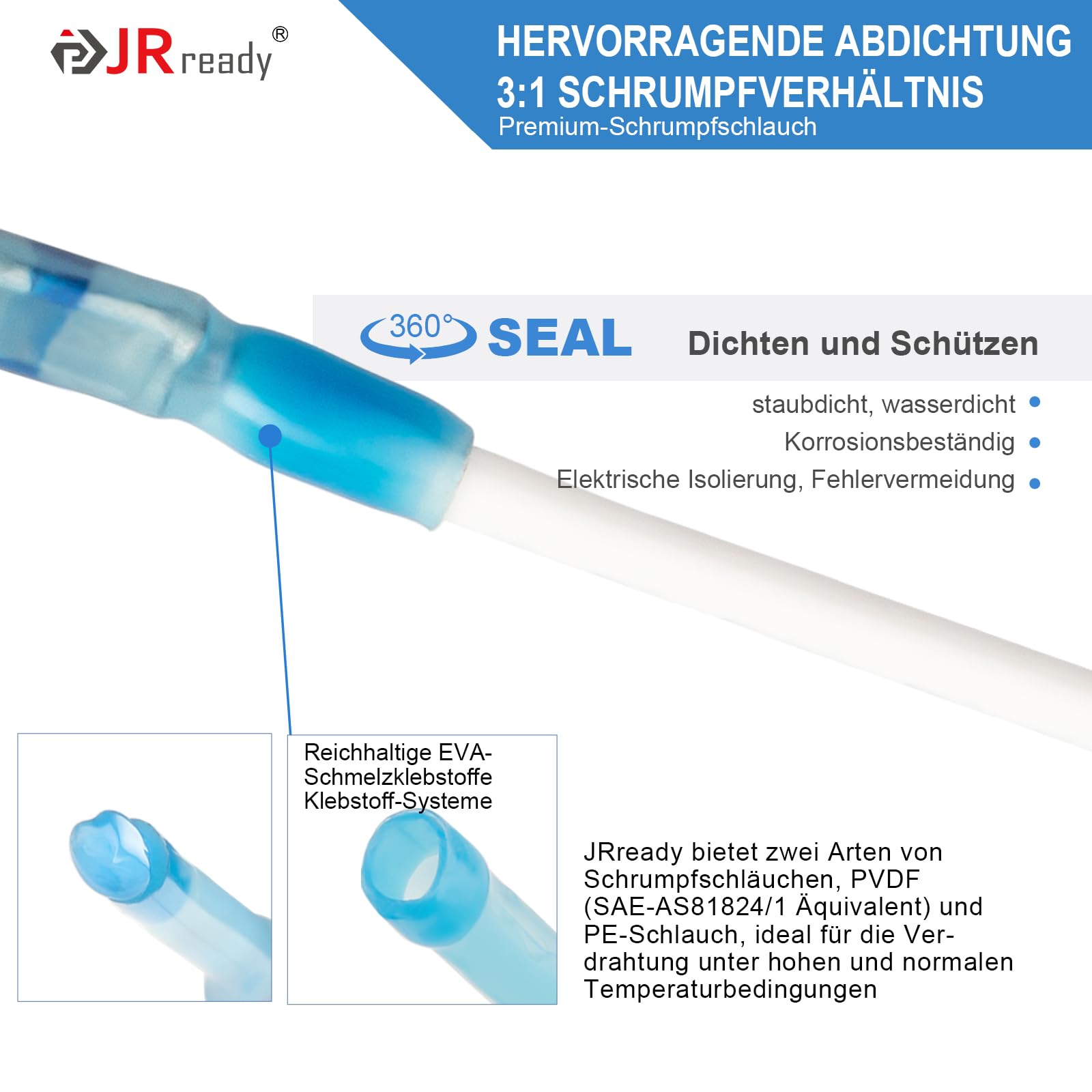 JRready ST6494-16-100 MiniSeal Crimp Empalme: 50 juegos de empalme a tope azul 20-16 AWG (JWS81824/1-2), conexión de cable a cable con temperatura alternativa. PVDF/PE mangueras