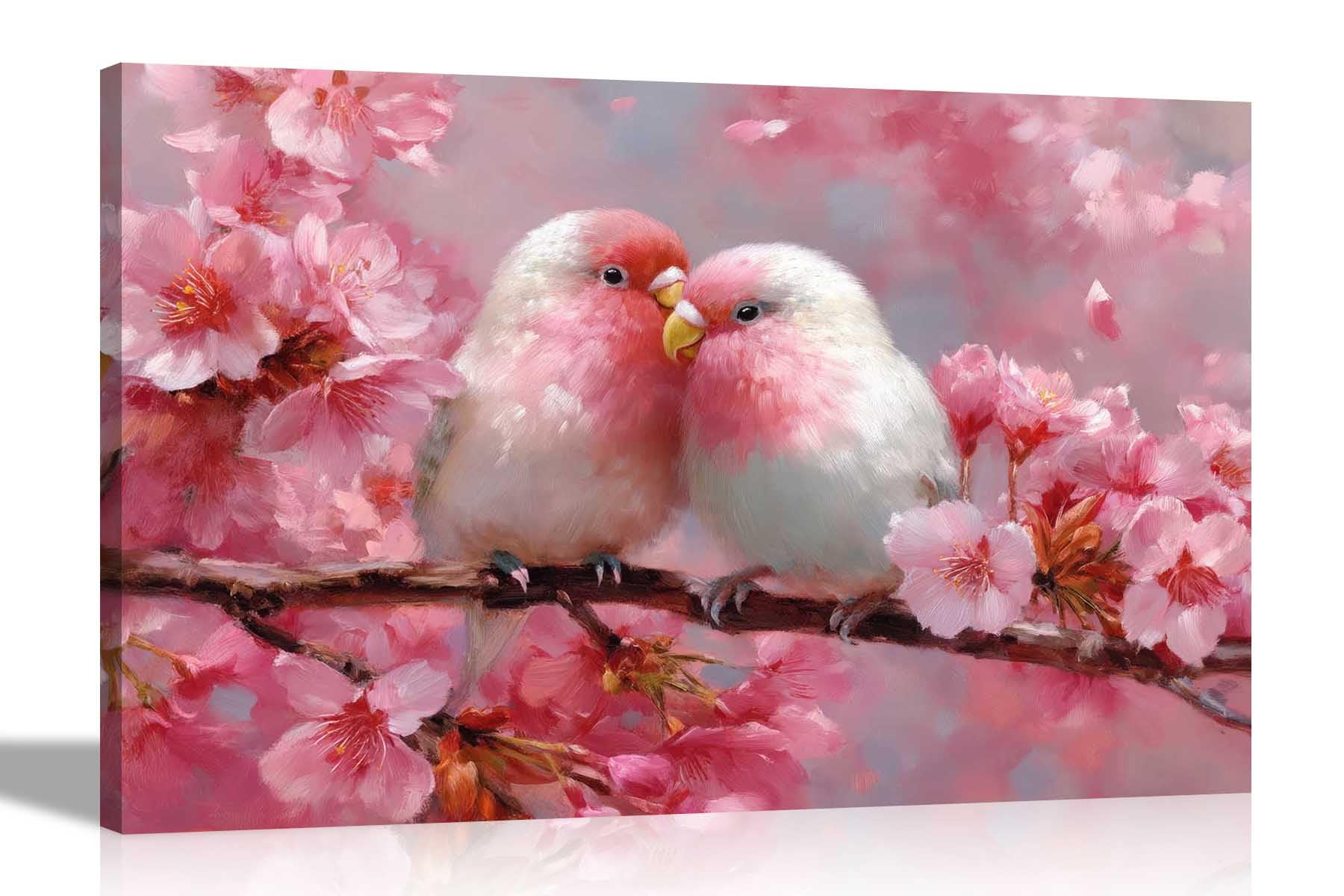Artley Prints Parrots In Love - Cherry Blossom Tree Canvas Wall Art For Home Office Conservatory Gardening Prints Ready To Hang 51 X 35Cm (20 X 14 Inches)