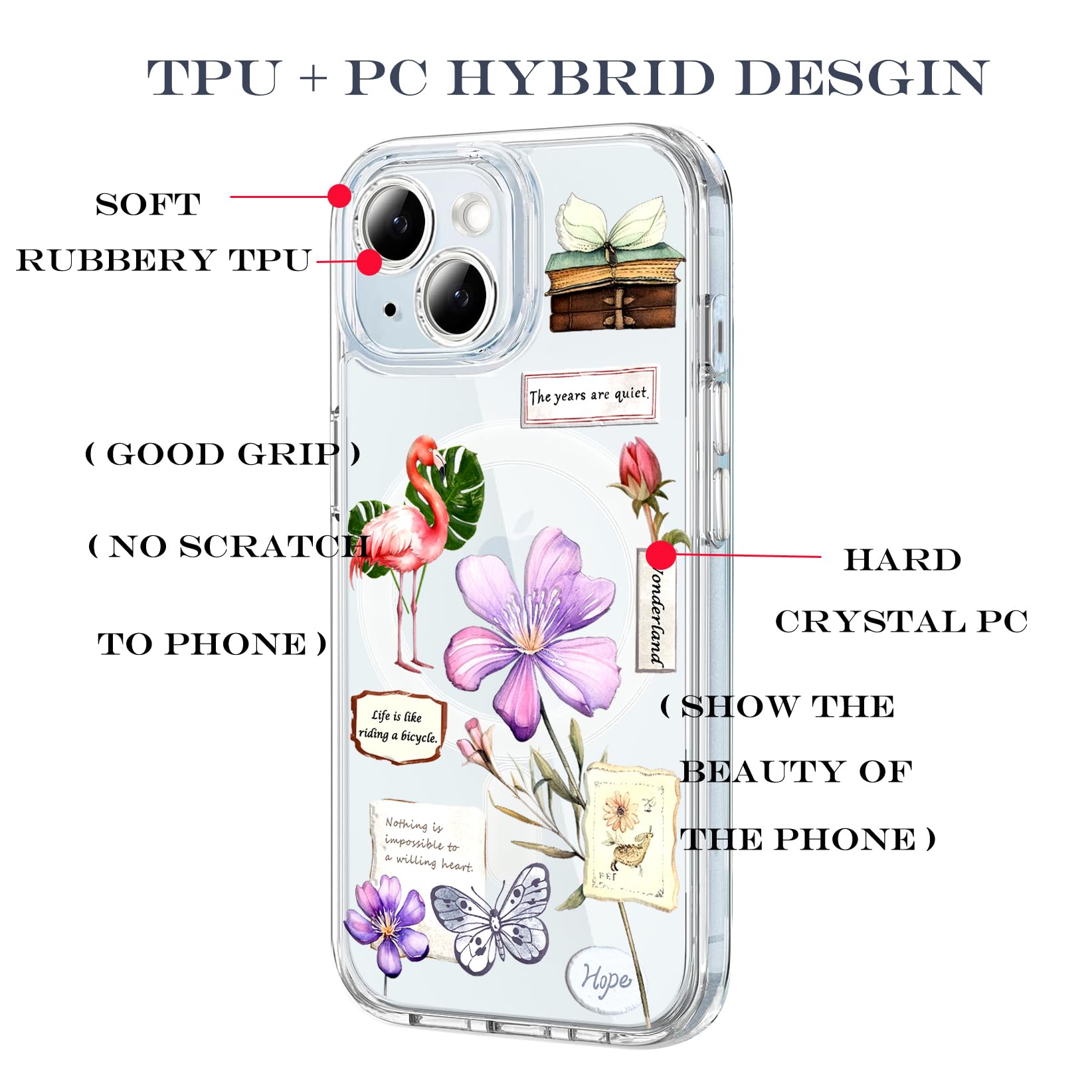 Unov Coque Compatible Avec IPhone 15 Pro, Coque Magnétique Transparente Avec Design Compatible Avec MagSafe, Protection Fine En TPU Souple Avec Dos En Polycarbonate Rigide En Relief (bouquet De