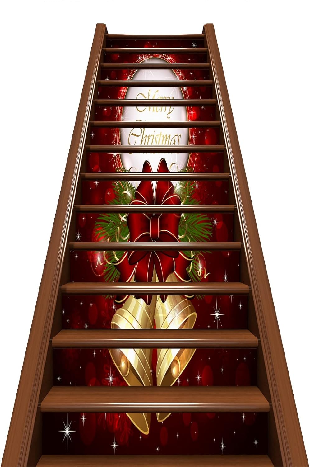 Christmas Golden Bell Red 3D Stair Stickers Stair Risers Decals Decor Peel and Stick Removable Staircase Stickers Stairway Wallpaper Decals for Stair Home Decoration 39" x 7"(13 PCS)