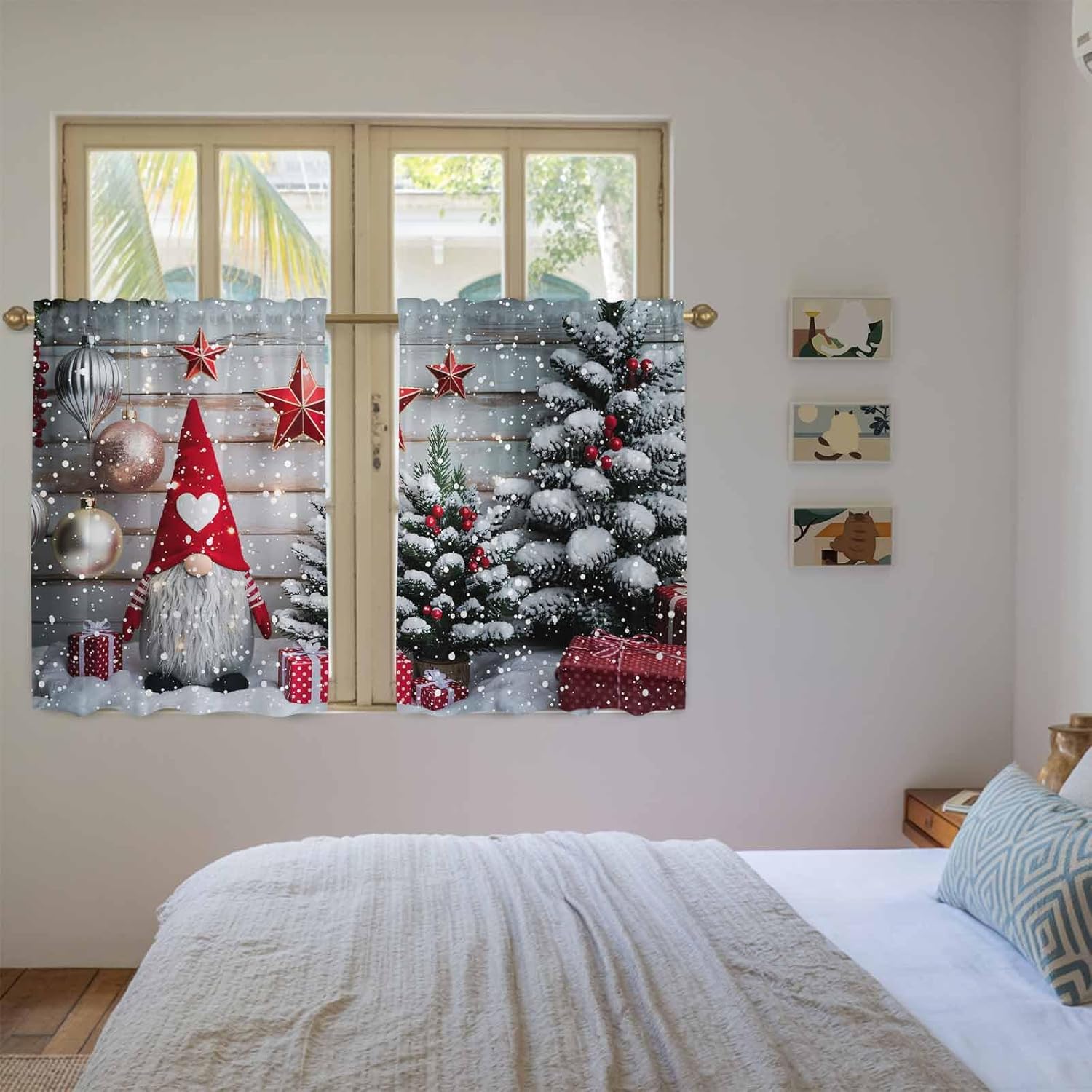 Christmas Gnomes Kitchen Tier Curtains 45 Inch Long 2 Panel Set,Rod Pocket Short Window Treatment,Winter Farmhouse Xmas Balls Tree Light Filtering Curtains & Drapes for Bathroom Basement 27.5"W x 45"L