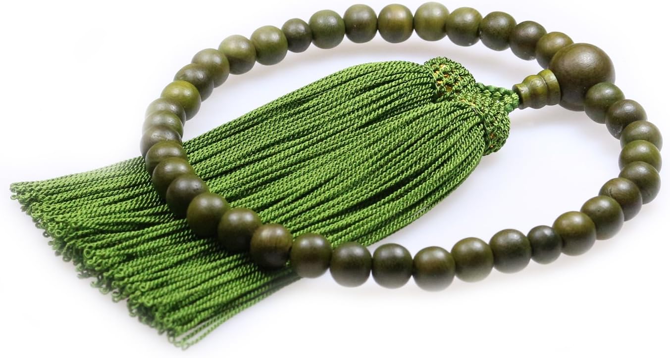 Nakago Kyoto Prayer Beads, Founded in 1889, Green Wood, Shaku 2 Balls, Co-Tailored, Pure Silk Head Tufted, Prayer Bead Bag Included, For Women