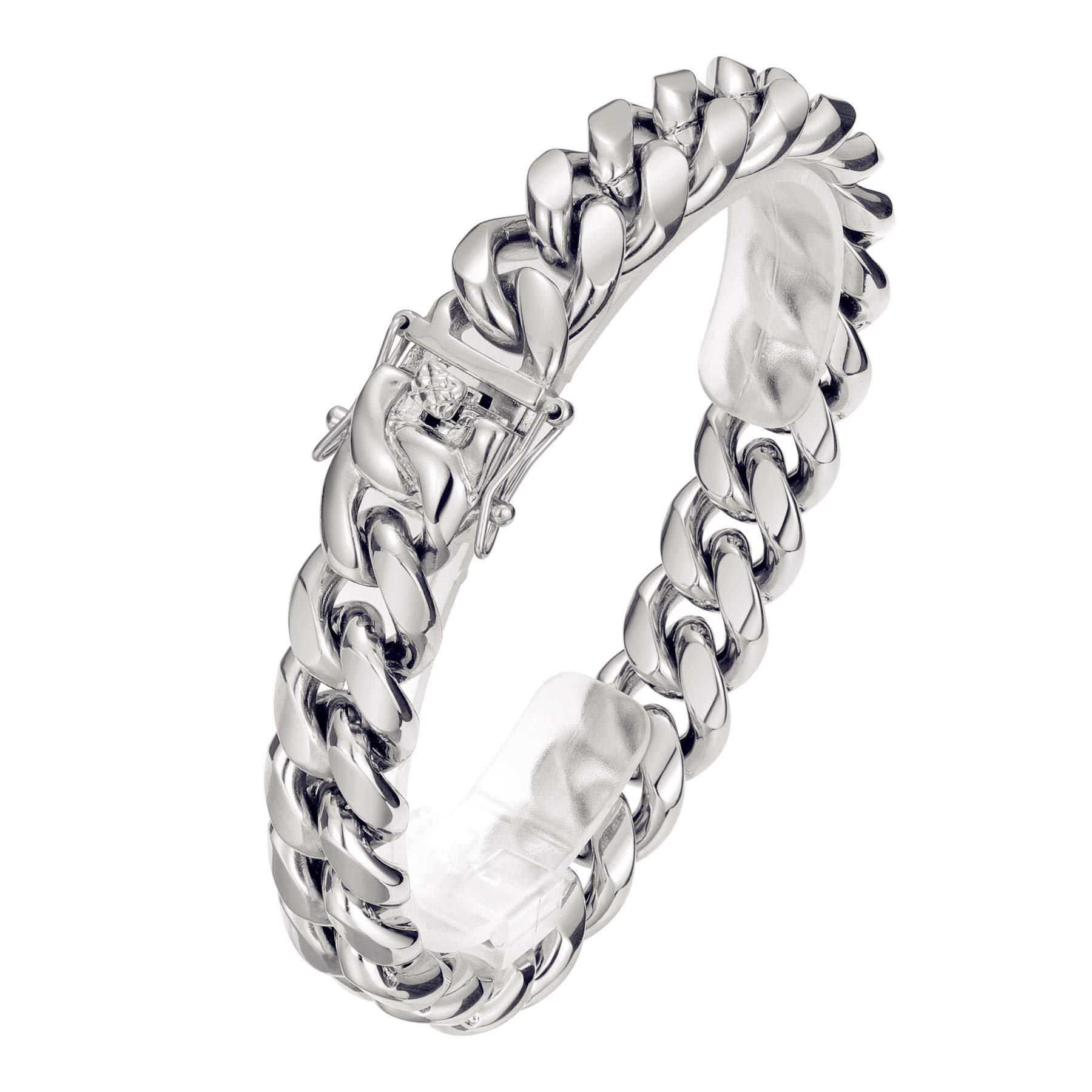 ROWIN&COROWIN&CO Mens Cuban Chain Bracelet White Silver Stainless Steel Curb Bracelet Chain, Hip Hop Jewelry Miami Cuban Link, Nickel-Free, Thick Wristchain, 15mm - Available in 8/8.5/9 Inch.