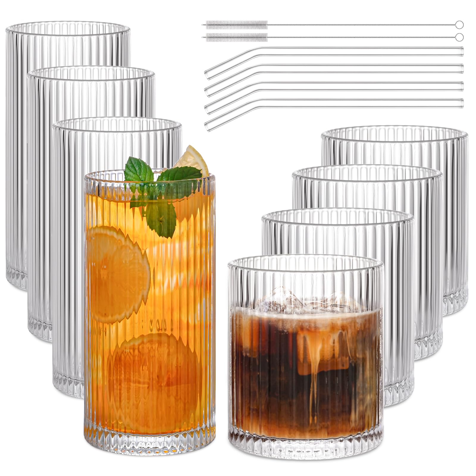 AUFXKOO Set of 8 Vintage Ribbed Glassware 4 Highball Glasses 12 oz 4 Rocks Drinking Glasses 14 oz