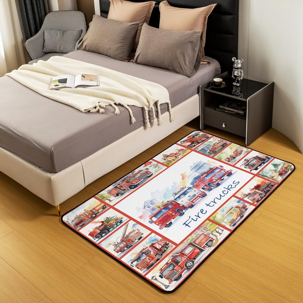 Homemissing Cartoon Voitures Tapis d'extérieur Pompiers Feu Camion Antidérapant Tapis de Salon 150x200cm Pompiers Voitures Moderne Tapis Exterieur Aquarelle Tapis Chambre pour Salon Cuisine Et Balcon