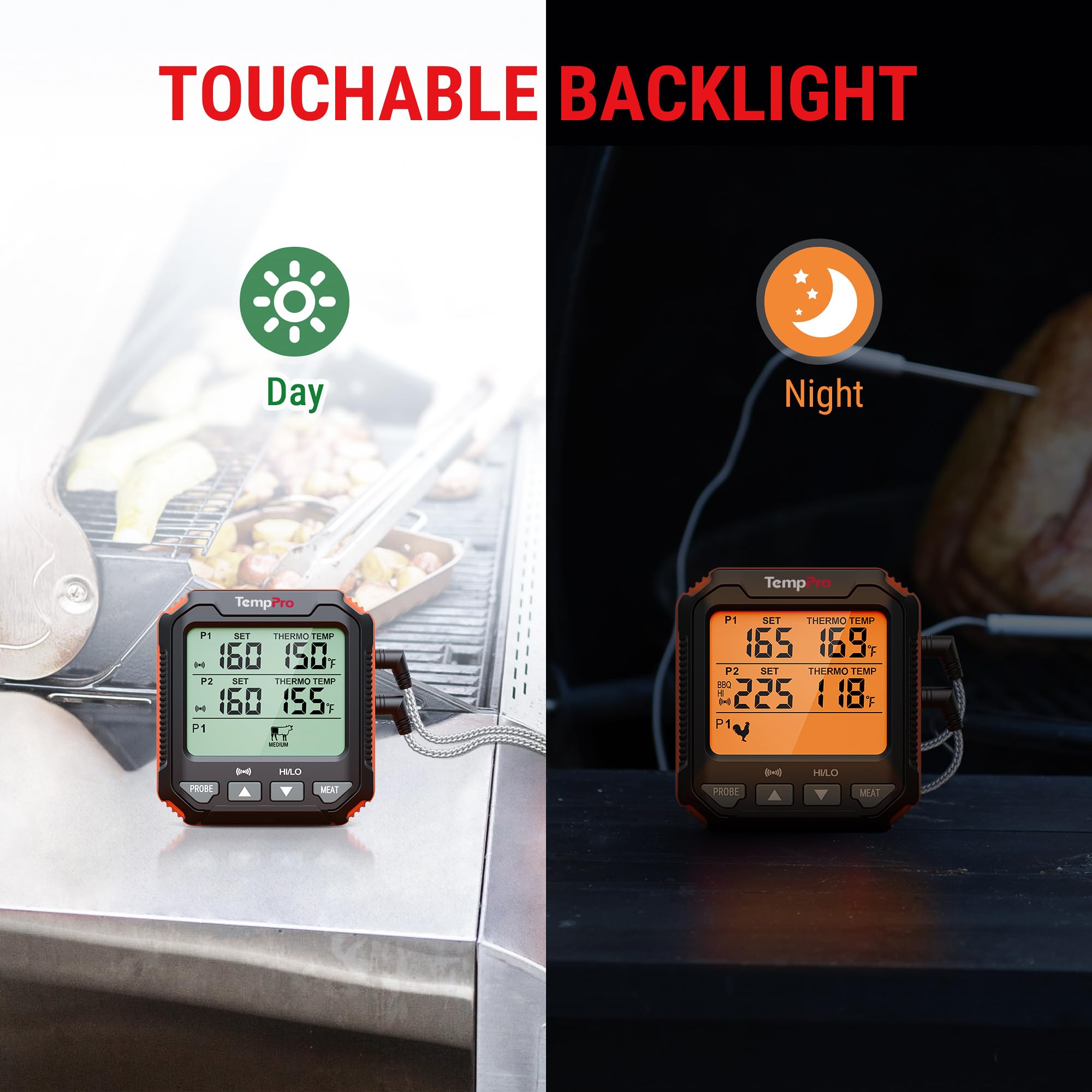 ThermoPro TP717 Termometro digitale per carne per grigliare, retroilluminato, termometro per carne, adatto al forno, con 2 sonde per carne, termometro per alimenti per cucinare con allarme temperatura