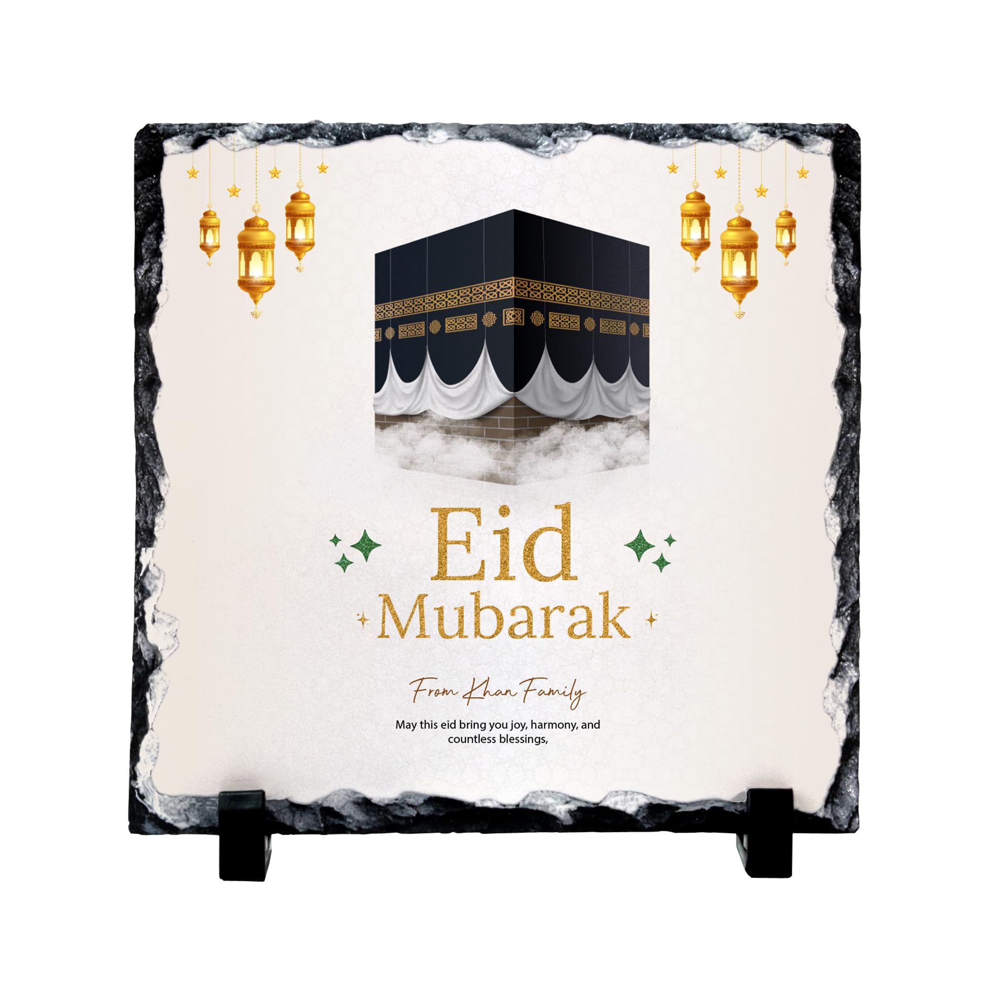 Personalised Eid Mubarak Slate Plaque – Custom Family Name Islamic Ramadan Gift, Handcrafted Decorative Stone with Lantern Design, Perfect Muslim Home Décor & Blessings for Eid Celebrations