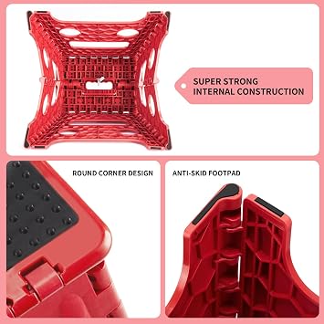 Delxo Folding Step Stool, 13 inch Non-Slip Foldable Stools Up to 300 LBS, Step Stool with Handle, Lightweight for Kitchen, Bathroom, Bedroom, Garden, Dotted Texture, Red,1PC