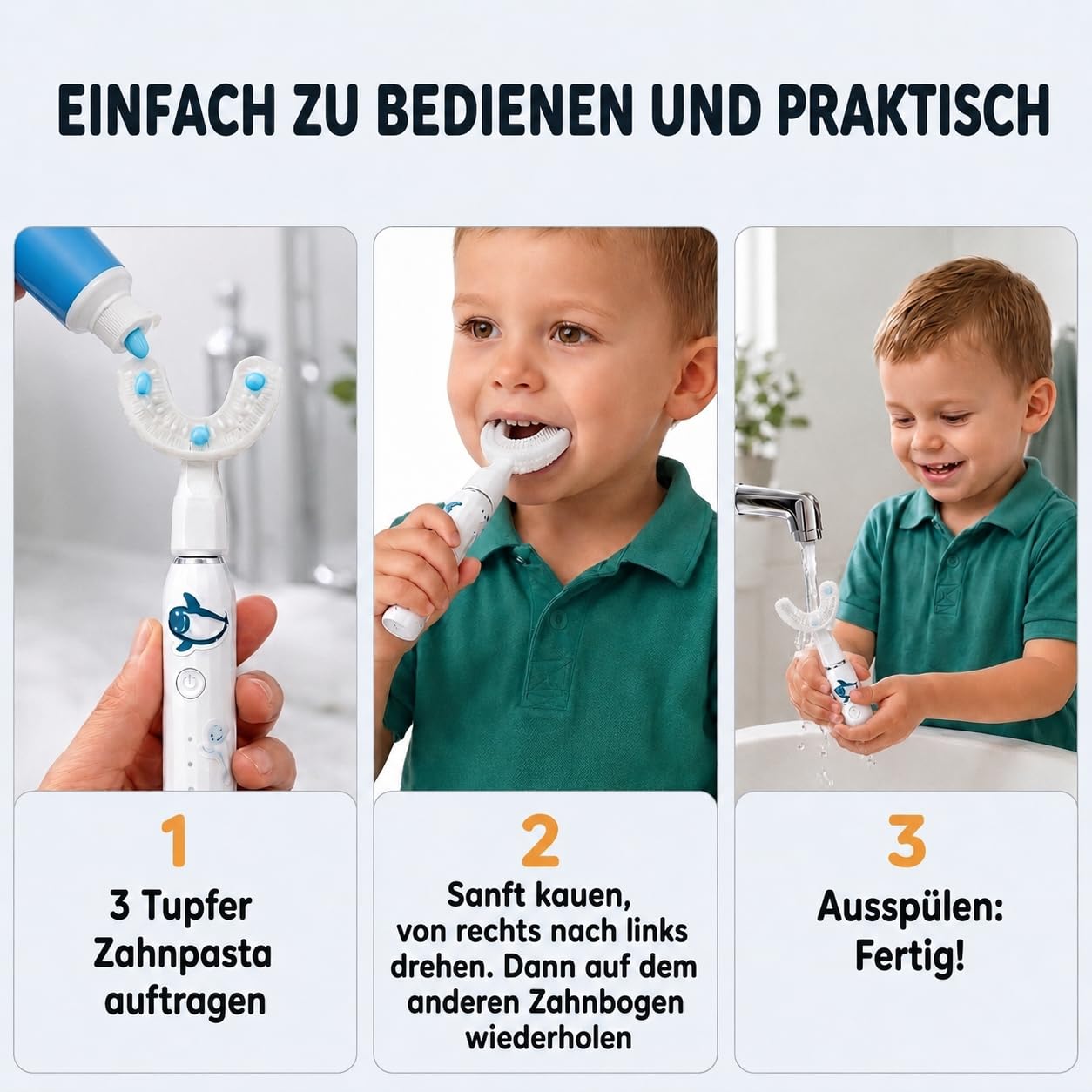 Automatische Zahnbürste Kinder U-Form Y-Brush KidsBrush Schall – ab 4 J. | Schluss mit dem Abendkampf: 20 Sek. in U-Form | Schall | von Zahnärzten | 2× effizienter | IPX7 wasserdicht | 4-12 Jahre
