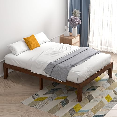 Miniatura 25 de Giantex Base de cama de plataforma de madera matrimonial de 14 pulgadas, base de colchón de estilo minimalista con madera de goma maciza, soporte de