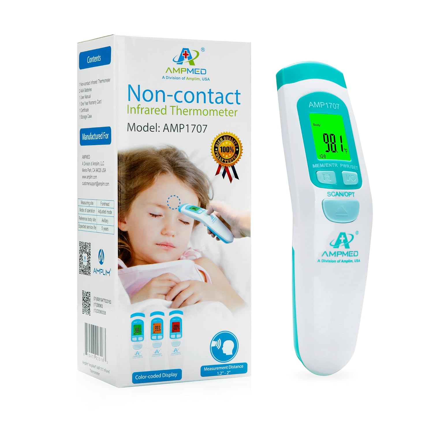 Amplim Non-Contact Forehead Thermometer & Case for Adults, Kids, Baby, FDA Cleared, Medical Grade, Touchless Infrared, 1-Sec Reading, Fever Alarm, Memory Recall, Quiet Mode, (White) image 8 of 9 B0CJTPJL5W