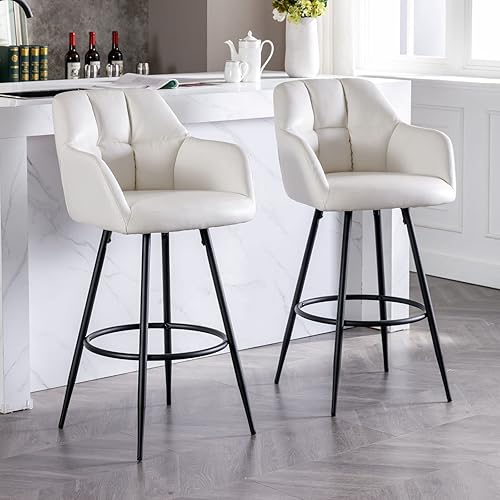 Vista 10 de Juego de 2 taburetes de bar giratorios de terciopelo, sillas tapizadas, taburetes de bar ajustables con respaldo, taburetes de bar beige Altura