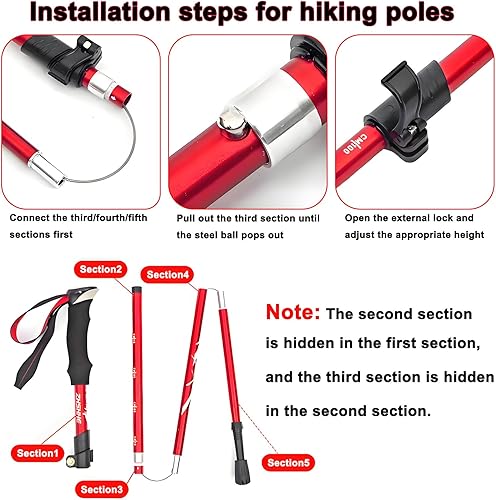 Miniatura 5 de Bastones de senderismo de viaje ultraligeros plegables de aluminio, altura ajustable, bastones con sistema de bloqueo rápido, telescópico,