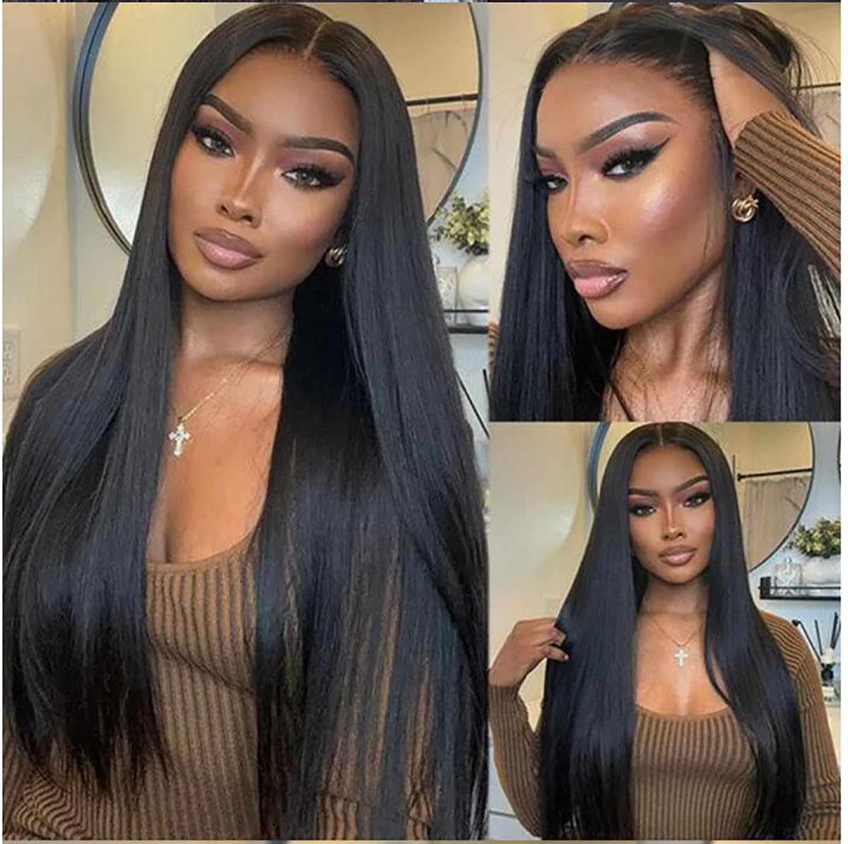 13X6 Lace Front Human Hair Wig Straight Parrucca Donna Capelli Veri Glueless Wig Wear and Go Natural Black Real Pre Plucked 150% Density Unprocessed Remy Human Hair 34 Zoll