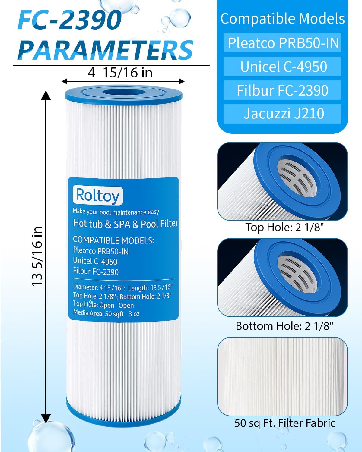 Spa Replacement Filter PRB50-IN, Compatible for C-4950, FC-2390, 03FIL1600, 373045, J210/J220/J235/J245/J275, 50 sq.ft 5X13 Drop in Hot Tub Filter, 2 Pack