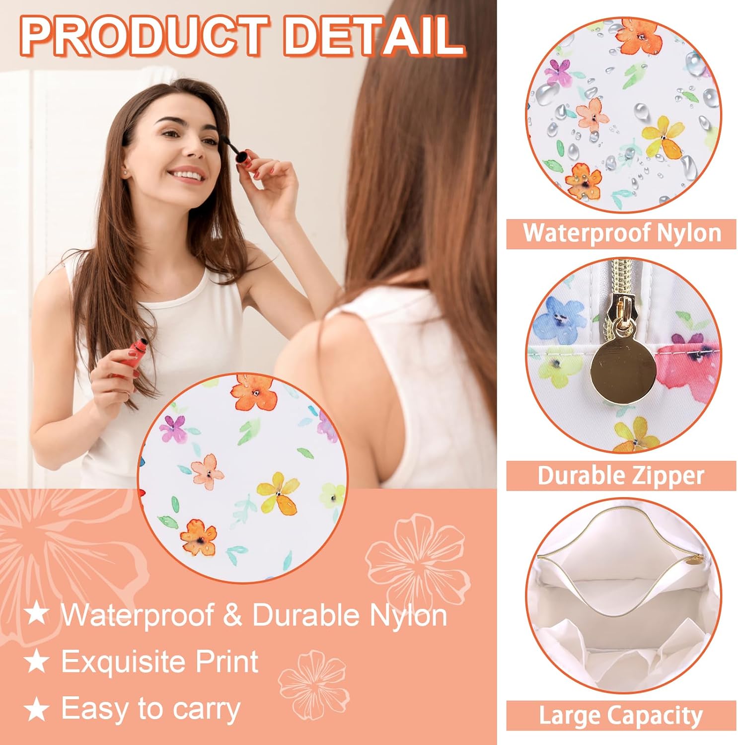 Waterproof Large Floral Makeup Bag Pouch,Nylon Travel Toiletry Sto