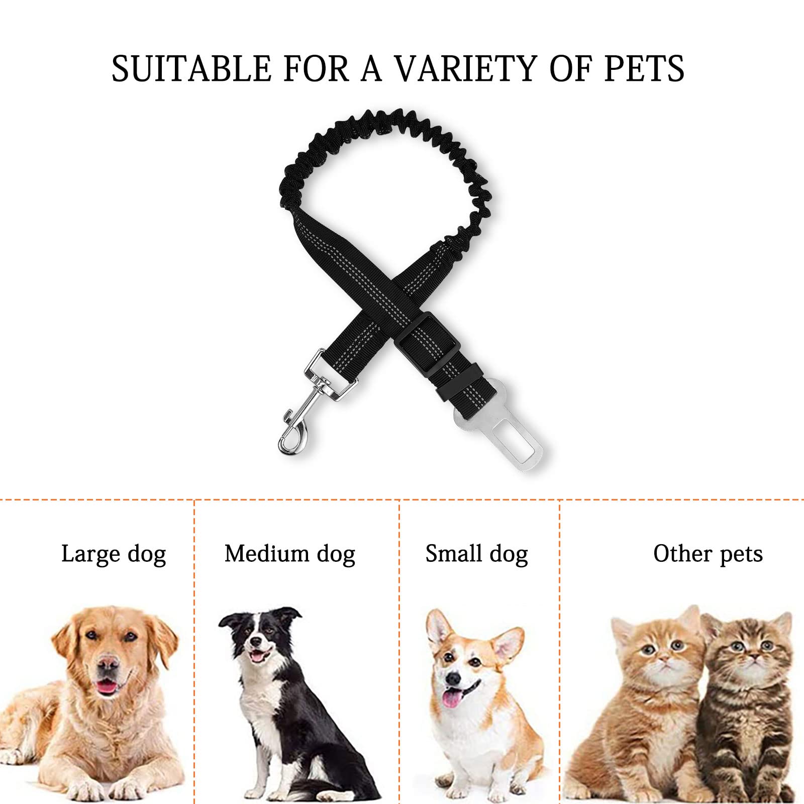 Dog Seat Belts for Cars, Anti-Shock Adjustable Elastic Nylon Bungee Buffer Dog Car Safety Harness, Safety Heavy Duty Elastic Dog Seatbelt Tether for Small Medium Large Dogs/Cats(Black) - image 7