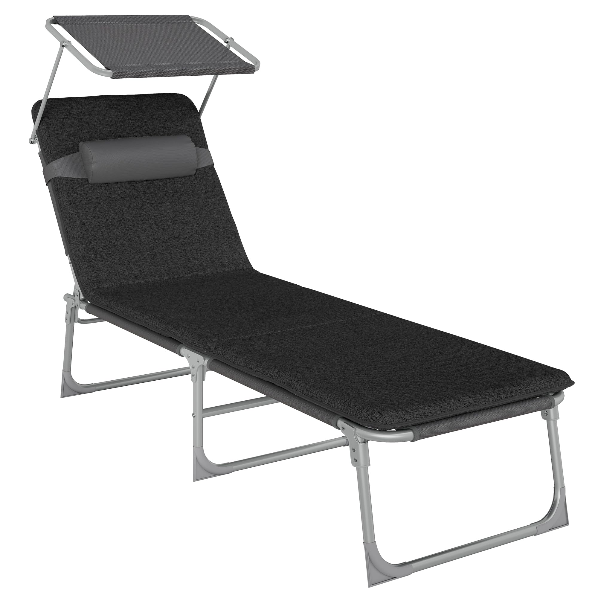 SONGMICS Bain de Soleil, Chaise Longue Pliable, 193 x 53 x 29 cm, Capacité de 150 kg, avec Pare-​soleil, Matelas, Appuie-​Tête, Dossier Réglable, pour Jardin, Piscine, Terrasse, Gris et Noir GCB193B01