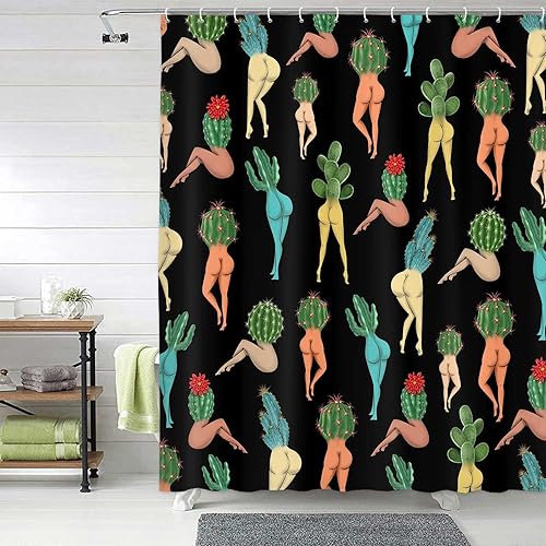 Miniatura 2 de Divertida cortina de ducha con diseño de cactus a tope, divertido y sexy, juego de cortinas de ducha de tela de los años 70S y 80S, juego de cortina