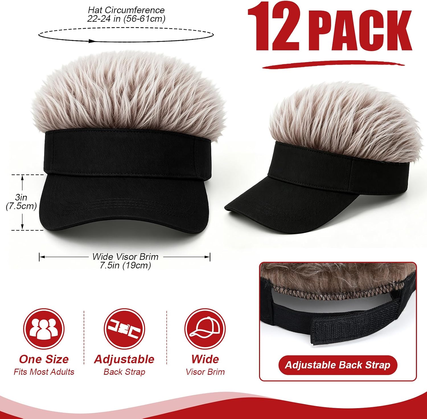 Unittype 12Pack Men Visor with Hair, Funny Spiked, Adjustable Cotton Baseball Wig Cap for Halloween Costume