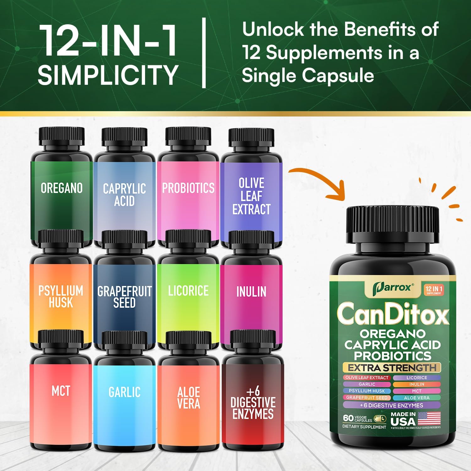 CanDitox Capsules, Oregano, Caprylic Acid, Garlic, Olive Leaf, Psyllium Husk, Licorice, Probiotics, Inulin, Aloe Vera, MCT Oil, Grapefruit Seed, Digestive Enzymes, Bromelain, Lipase 60 Capsules