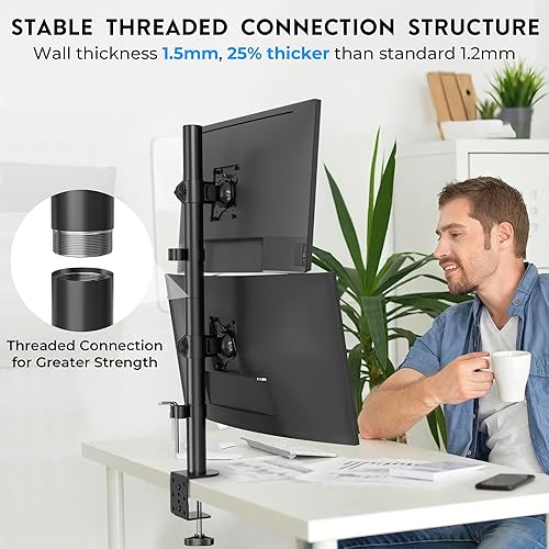 Miniatura 2 de BONTEC Soporte vertical de escritorio para monitor doble, soporta pantallas de 13 a 34 pulgadas, ajuste de movimiento completo, VESA 75 x 753.937 x