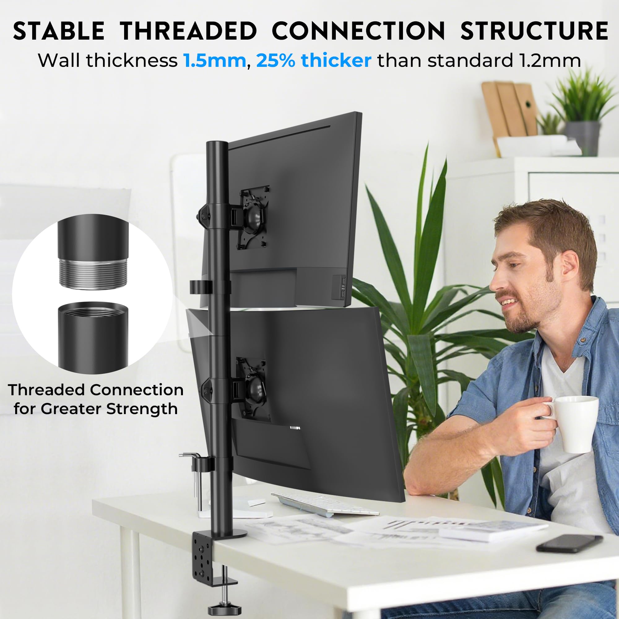 BONTEC Supporto Doppio Schermo Verticale, Braccio Doppio 13-34 Pollici Fino a 10 kg, Regolabile, Gestione Cavi, Supporto da Scrivania Robusto, Compatibile VESA 75x75 e 100x100, Supporto PC Ergonomico