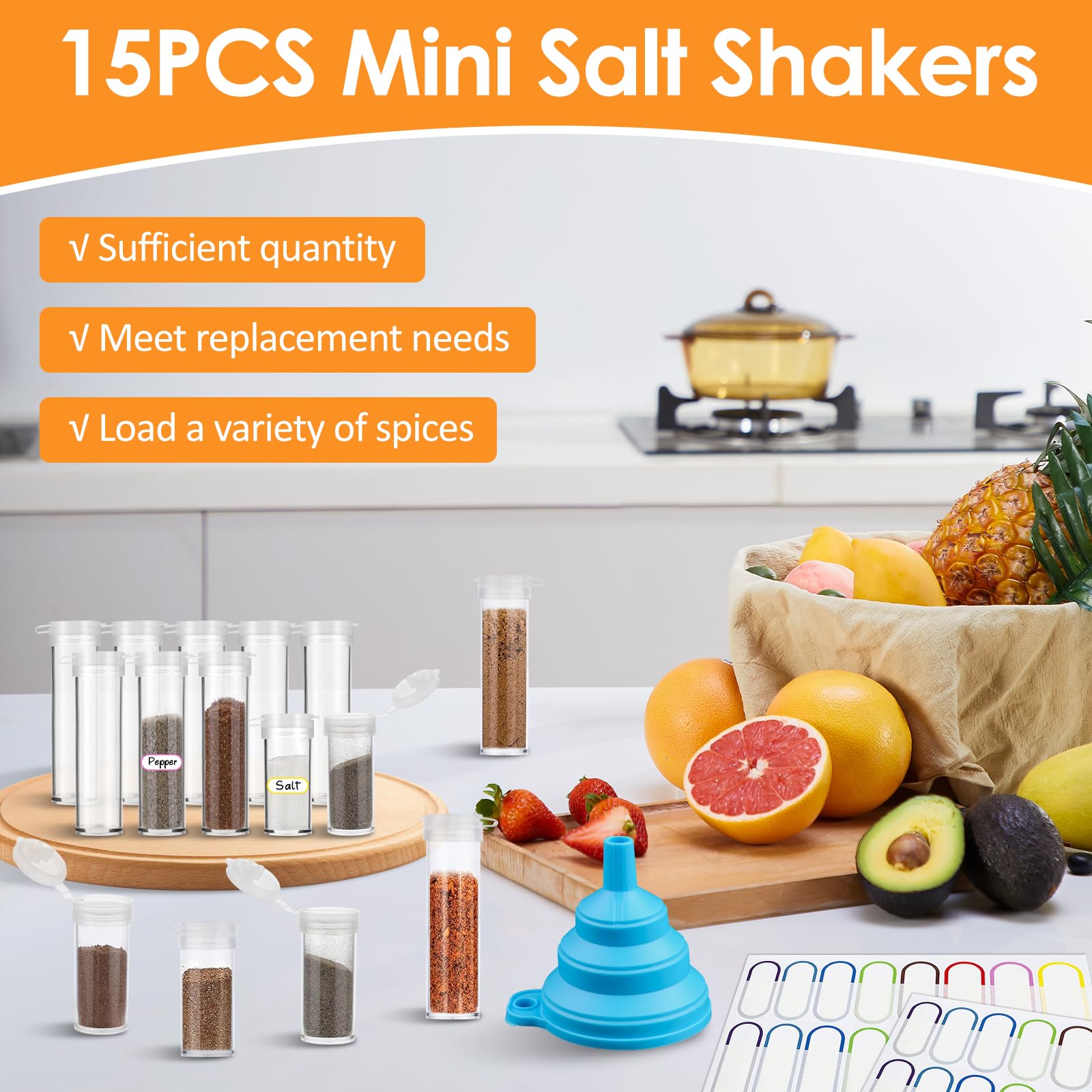 Mini solniczka w podróży, 15 sztuk, 6 g/10 g, mała solniczka z pokrywką, plastikowa solniczka i pieprzniczka, mała z lejkiem, naklejkami, przezroczysta solniczka i pieprzniczka na kemping