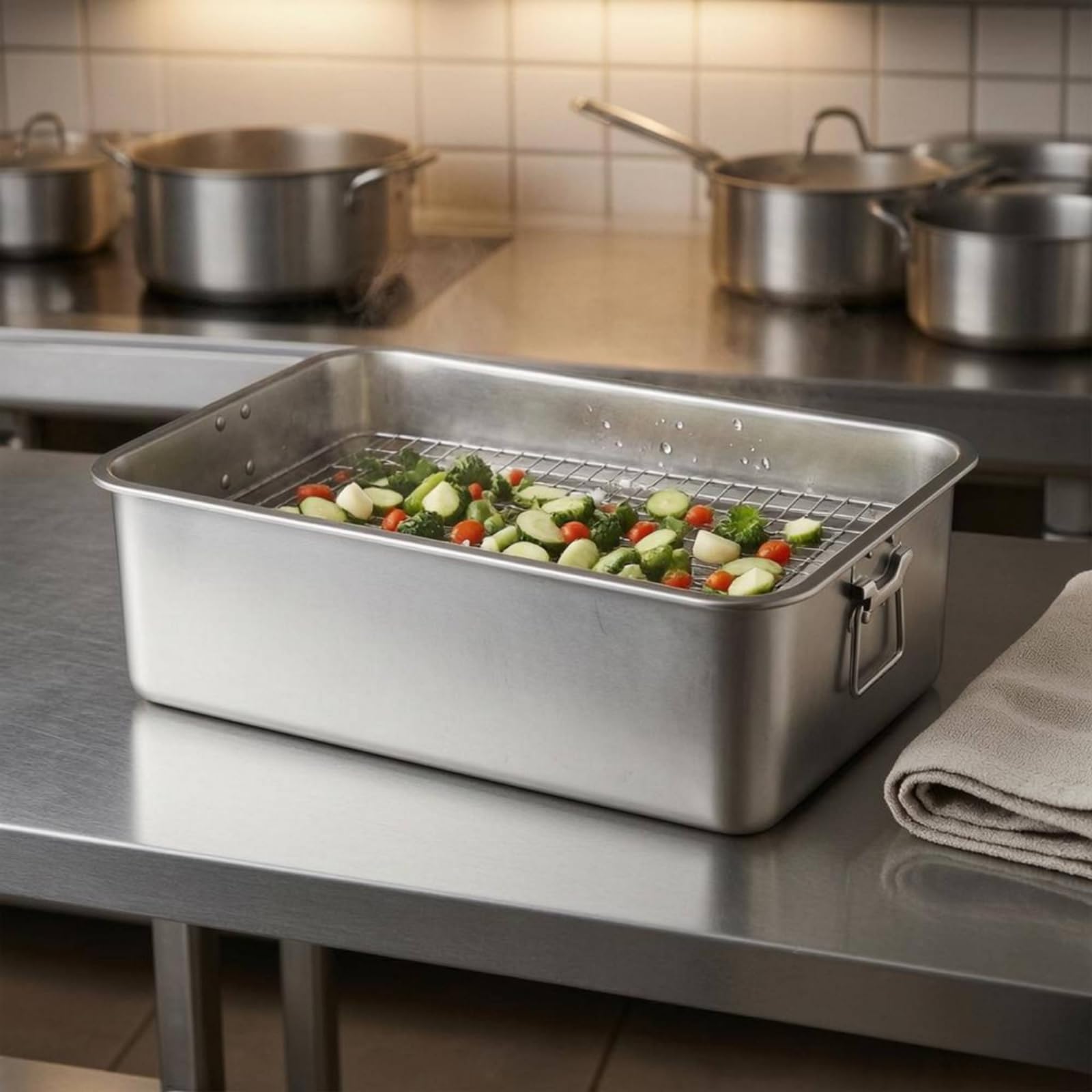 Vassoio Inox con Manici Laterali Finitura Argento Lucente Vassoio Rettangolare in Acciaio Inox Angoli Arrotondati, Vassoio Quadrato Con Maniglia 304, 70x50x4.8cm