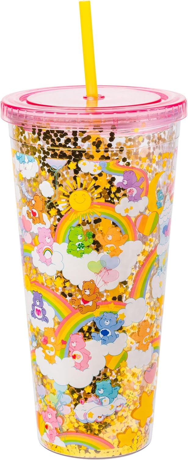 Silver Buffalo Care Bears Rainbow Stars Gold Confetti Cold Cup Featuring Funshine, Grumpy, Good Luck, Bedtime, Cheer, and Tenderheart Bears, 32 Ounces
