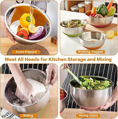 Miniatura 6 de Cuencos para mezclar con tapas herméticas juego de 18 cuencos de mezcla coloridos de acero inoxidable para anidar C parte inferior de silicona