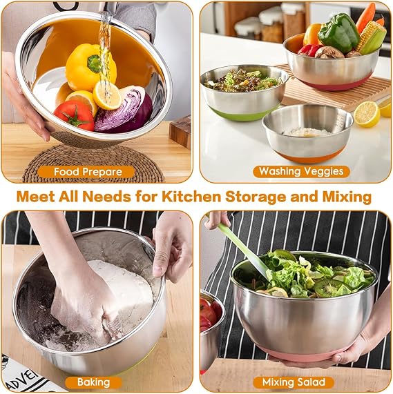 CHAREADA Mixing Bowls with Airtight Lids, 18pcs Stainless Steel Nesting Mixing Bowls Set Non-slip Silicone Bottom, Size 4.5, 3.6, 2.7, 2.1, 1.7, 1.1, 0.7 qt, Fit for Mixing & Serving(Colorful)