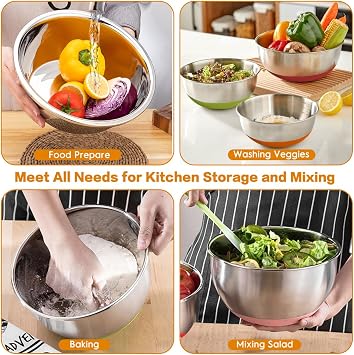 CHAREADA Mixing Bowls with Airtight Lids, 18pcs Stainless Steel Nesting Mixing Bowls Set Non-slip Silicone Bottom, Size 4.5, 3.6, 2.7, 2.1, 1.7, 1.1, 0.7 qt, Fit for Mixing & Serving(Colorful)