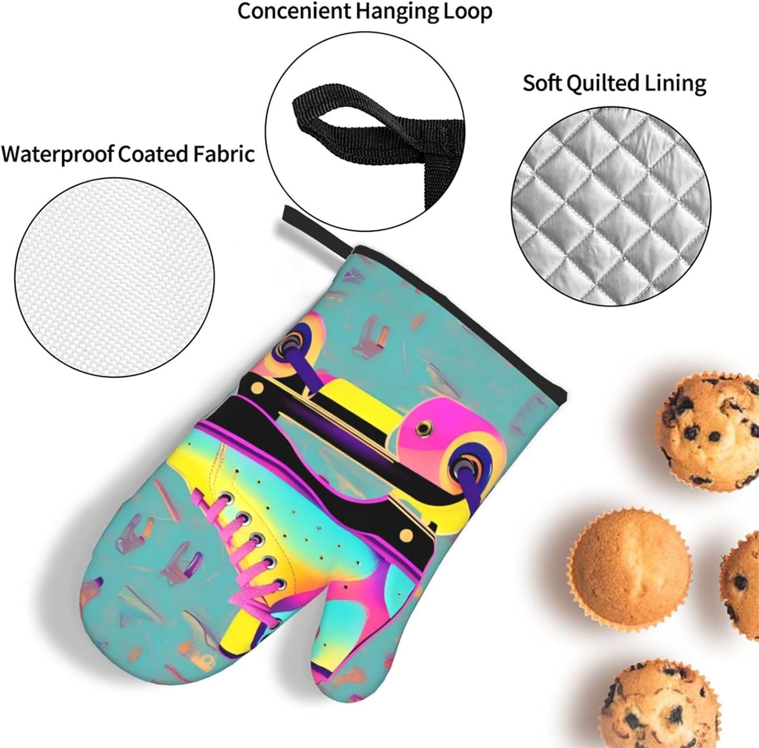 Colorful Roller Skates Print Heat Resistant Microwave Gloves, Used for Baking, Cooking, and Fashion Kitchen Essentials