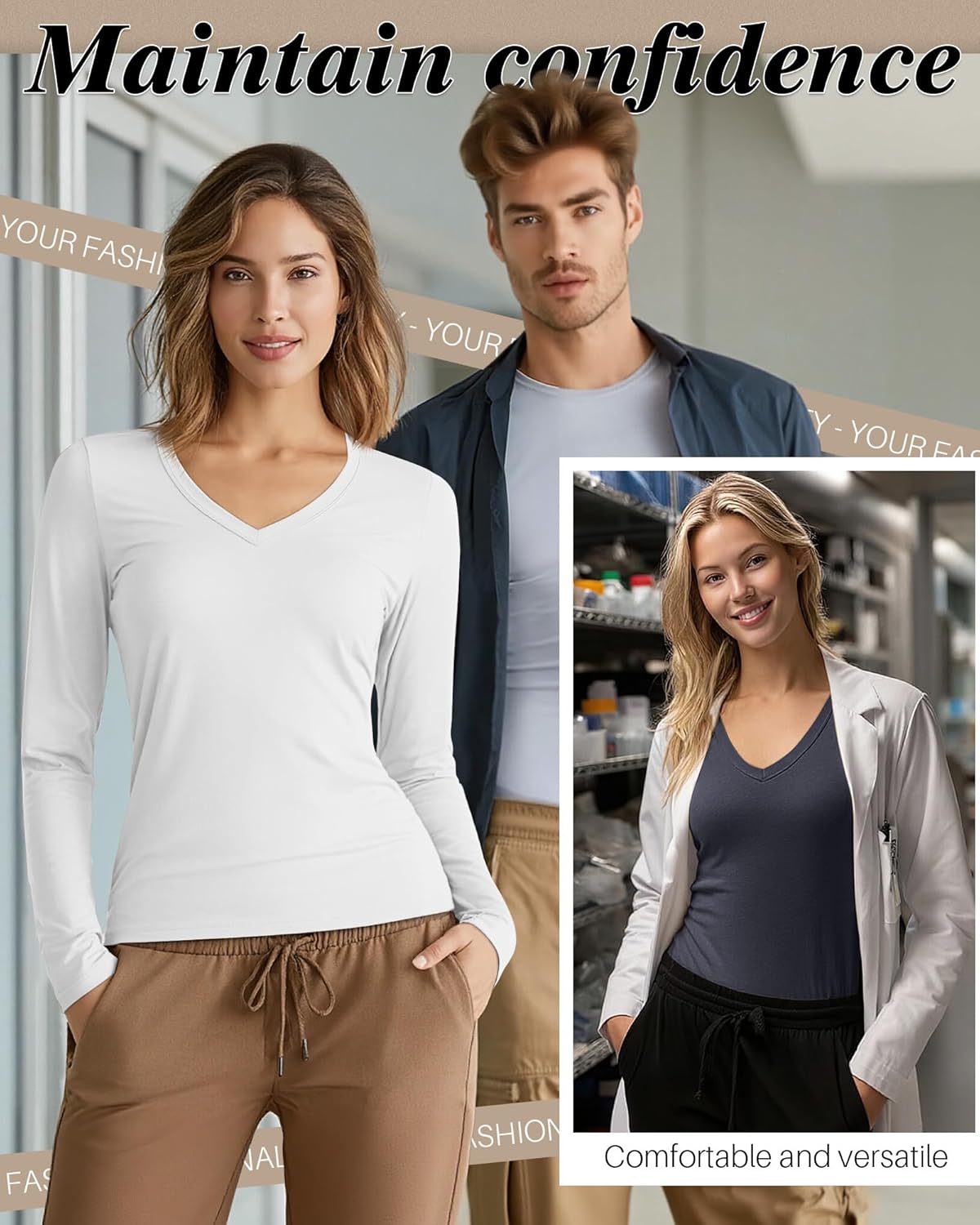 4 Pack Women's Under Scrubs Long Sleeve V Neck Shirts Slim Fit Stretchy Undershirt Basic Casual Tops for Nurse - Image 2